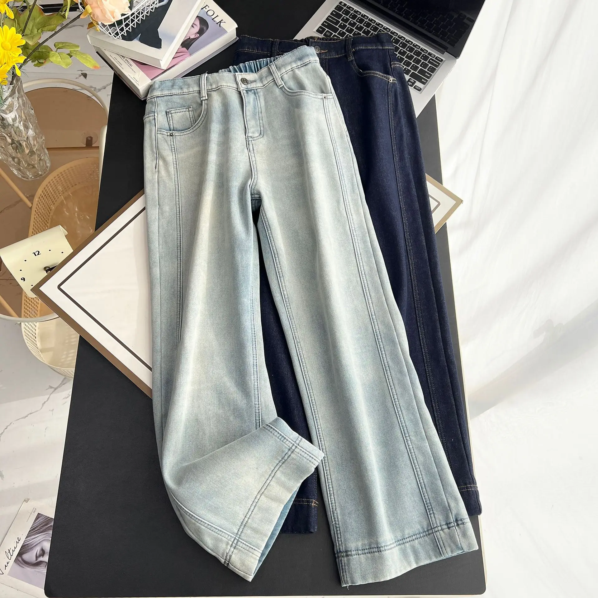 XXXXL Fashion Plus Size Women's Jeans Winter Style three-dimensional Cut Fleece Warm Denim Straight Leg Full Length Pants 6556