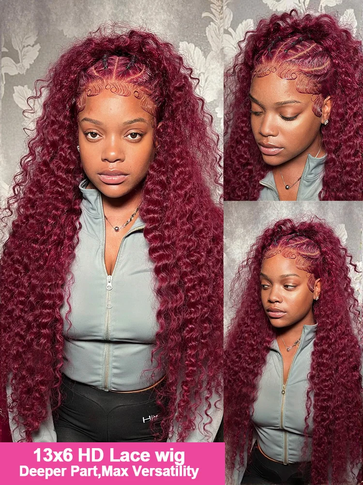 99J Burgundy Deep Wave 13x4 Lace Frontal Wig Red Wine Water Human Hair Brazilian 30 40 Inch Kinky Curly 13x6 HD Lace Front Wigs - Image 3