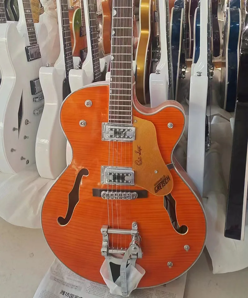 

In stock Hot selling electric guitar, flaming maple top, hollow body jazz guitar, large vibrato bridge