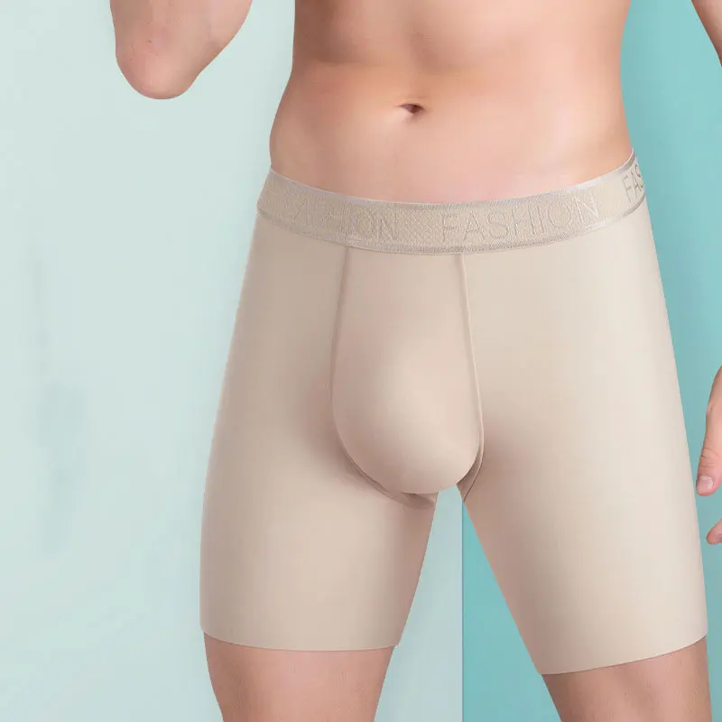 Mens Underwear Boxer Shorts Ice Silk Seamless Long-Leg Underpants