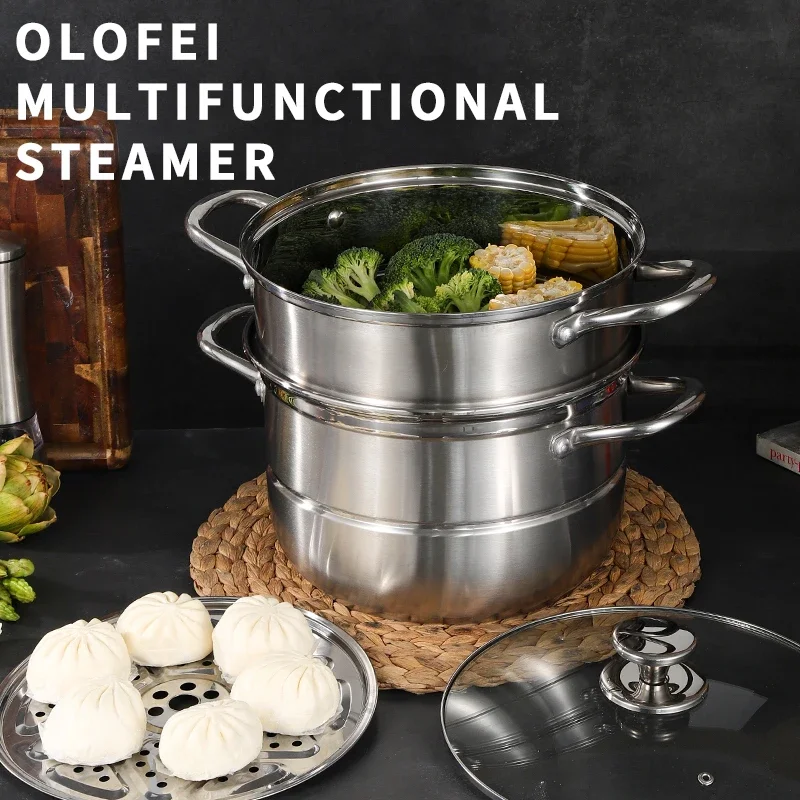 KSISE Brand Double-Layer Steamer Stainless Steel Multi-Functional Cookware Steam Top Cook Bottom