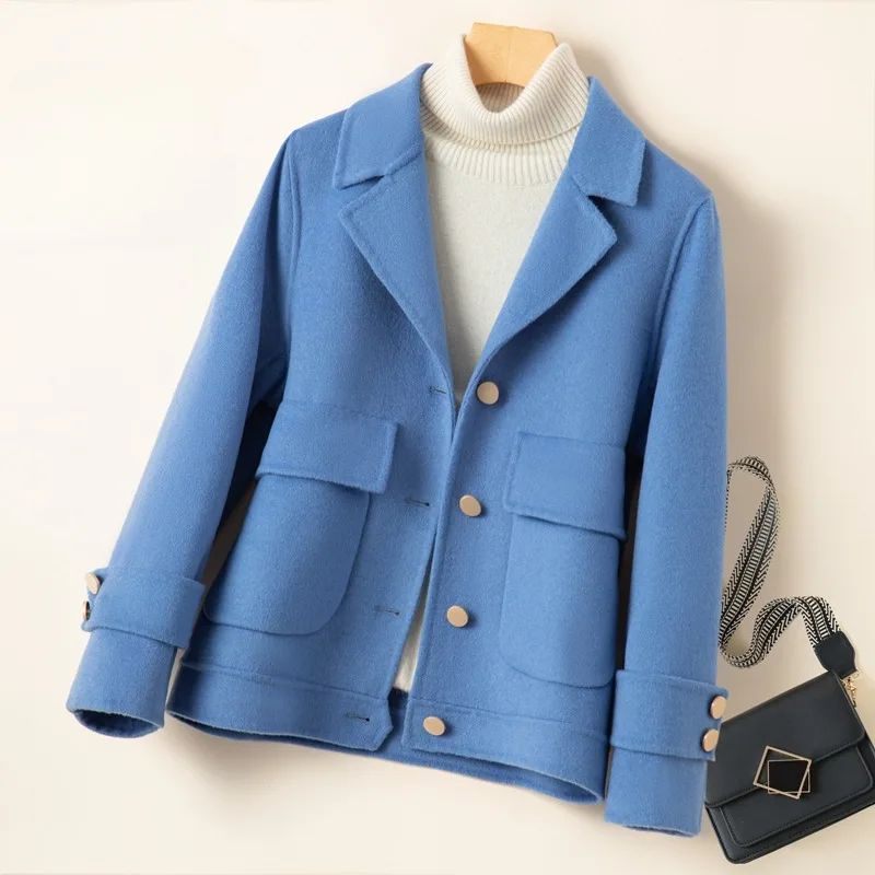 2023 Autumn Winter New Women Fashion Turn-Down Collar Double Sided Wool Coat Female Temperament Slim Fit Casual Cashmere Jacket