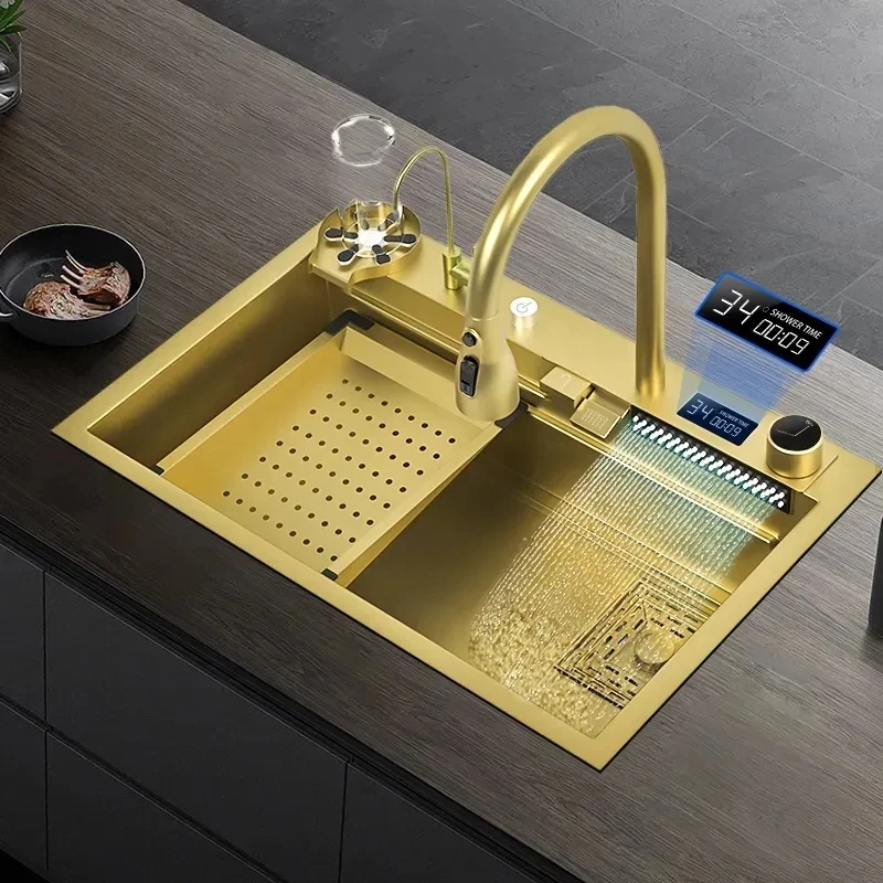 

Waterfall Kitchen Sink Gold Stainless Steel Sink Large Single Bowl Multifuctional Sink Waterfall Faucet For Kitchen Decoration