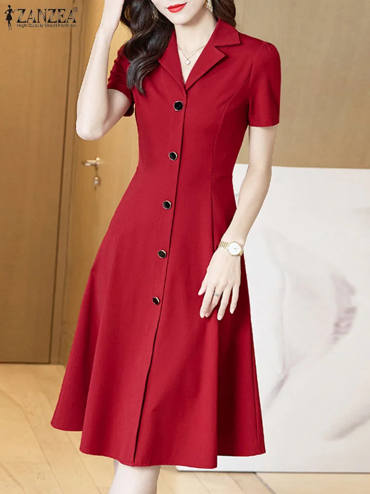 

ZANZEA Women Elegant Long Shirt Dress Korean Short Sleeve Work Sundress Casual Lapel Collar Midi Dress 2024 Summer Waisted Robes