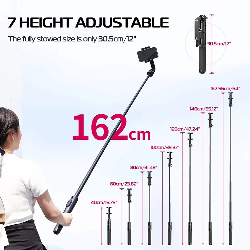Compatible Iphone Android Gopro Huryfox Perche à Selfie Trépied 180cm - Avec Télécommande, Compatible IPhone/Android/GoPro, Alliage Aluminium Treppiede Fotocamera