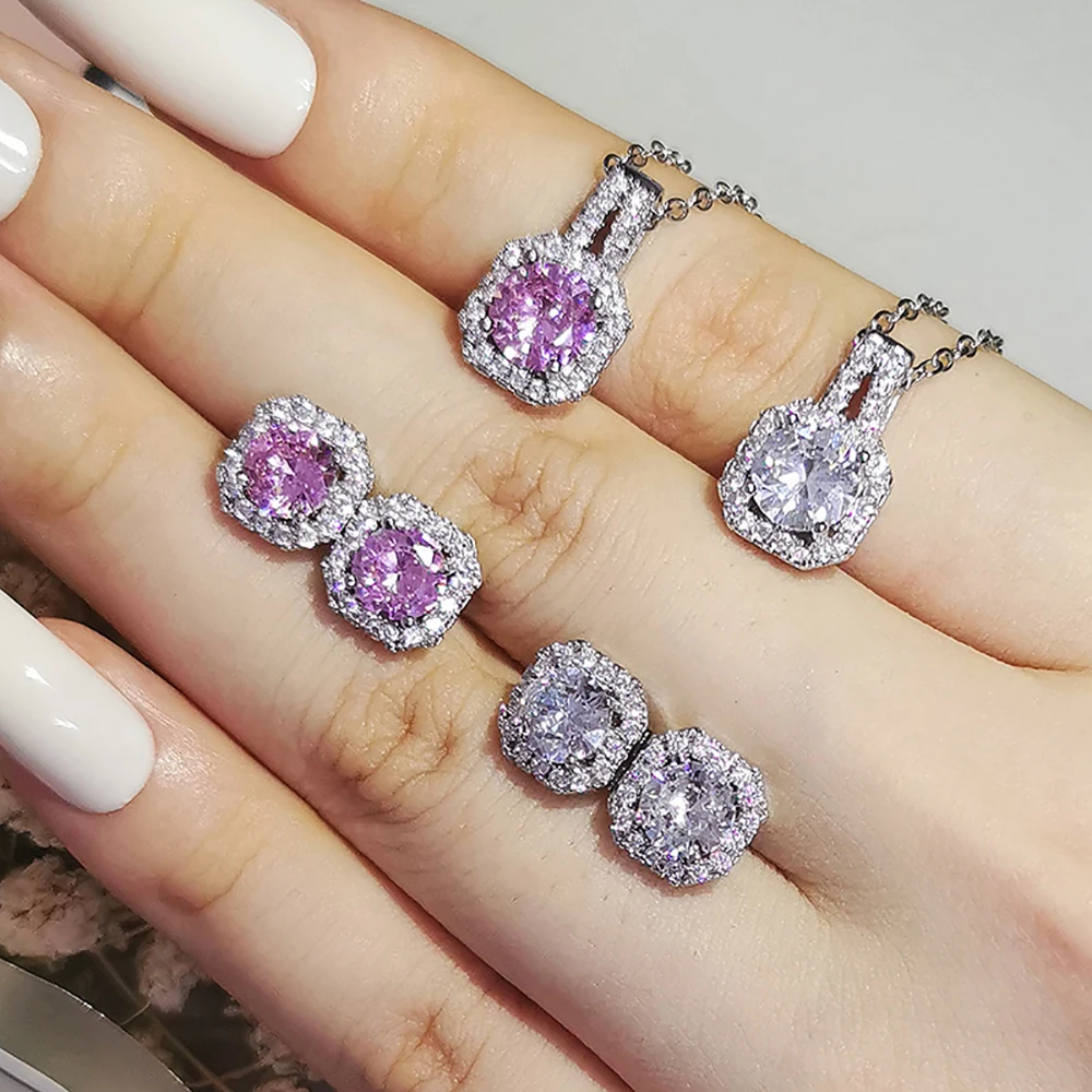 2024 New Trendy pink Color Earrings and Necklace Pendant Set for Women Anniversary Gift Jewelry Wholesale x1104-e1104 6