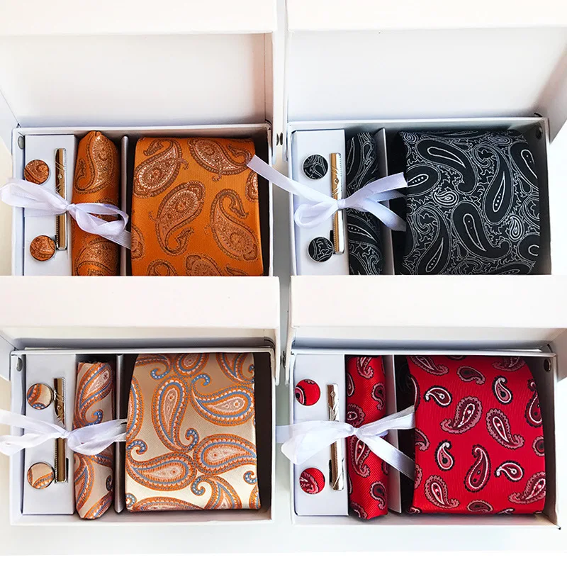 

Brand New Men Luxury Tie Handkerchief Cufflink Tie Cilp Set Necktie Gift Box Print Blue Tie Suit Slim Gravata Accessories