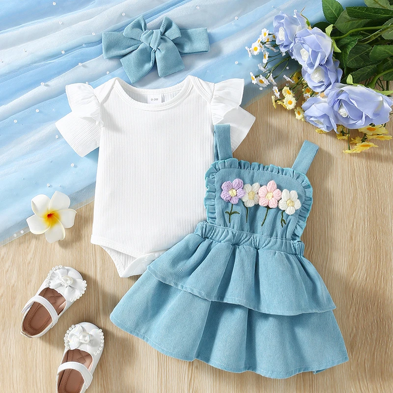 

Tregren Infant Baby Girls Summer Outfit Short Sleeves Rompers and Crochet Flowers Suspender Skirt Headband 3 Piece Clothes Sets