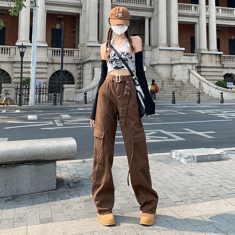 

Fashion Wide Leg Y2K Pants Women Jeans Independent Belt Design Tooling Pockets American Style Retro Casual Denim Mom Jean female