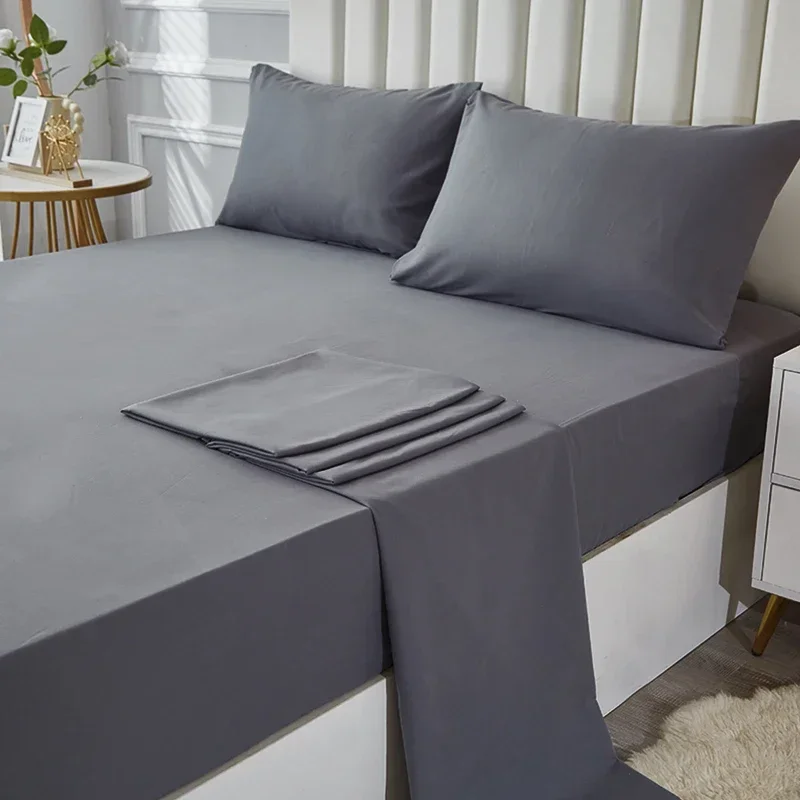 3/4pcs Solid Beding Set, Waterproof Fitted sheet & Bed Sheet & Pillowcases Soft, Queen, KIng, Full, Twin Size, White and Gray 1