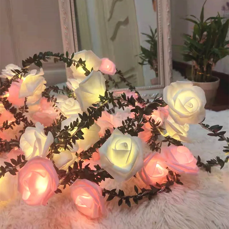 

Rose String Light Green Leaf Flower Fairy Lights Artificial Vine Rattan Lamp Wedding Christmas Decoration Home DIY Ornament