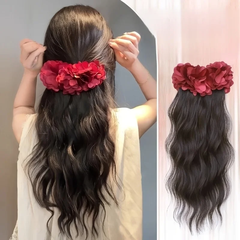18Inch Water Wave Synthetic Claw Clip Ponytail Hair Extension With Red Flower Banana Clip Layered Ponytail for Women Daily Use