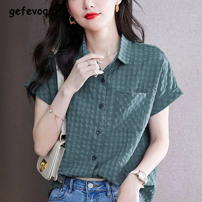 

Summer Fashion Vintage Plaid Printing Short Sleeve Shirt Ladies Polo-neck Buttons Pocket Cardigan Top Women Loose Casual Blouse