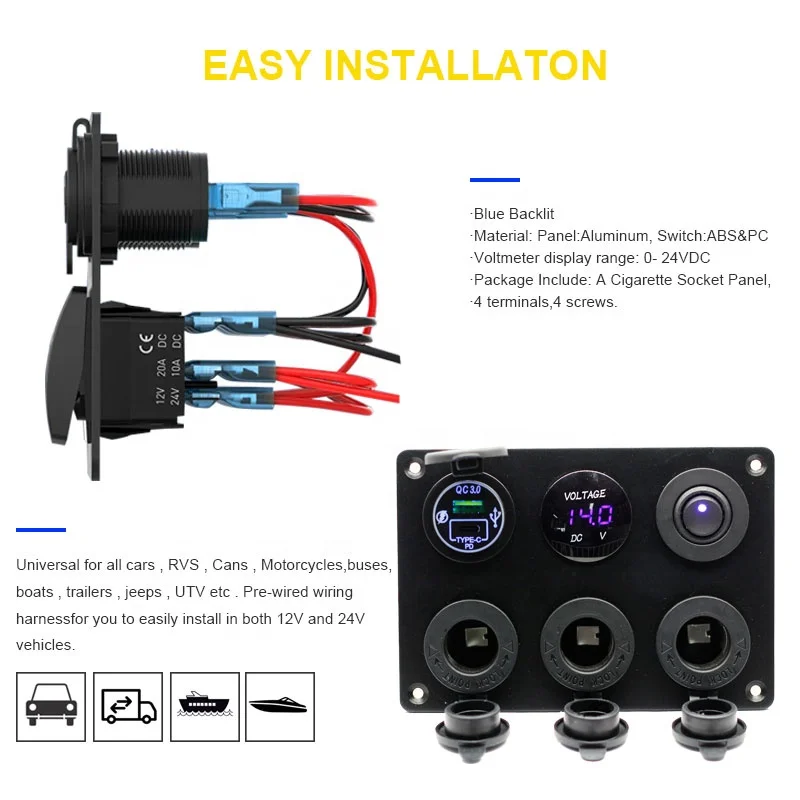 담배 소켓 패널 12V/24V 3 담배 라이터 어댑터(QC3.0USB 충전기 포함) LED 전압계 및 ON Off 로커 스위치 Multi-F