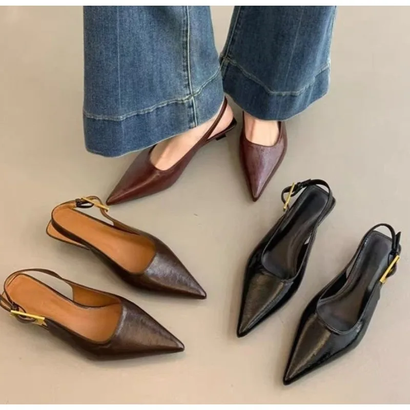 Sexy Pointed Toe Mid Heels Sandals Women Shoes Slingback Summer Trend Dress Leather Pumps New Elegant Party Sandalias Mujer
