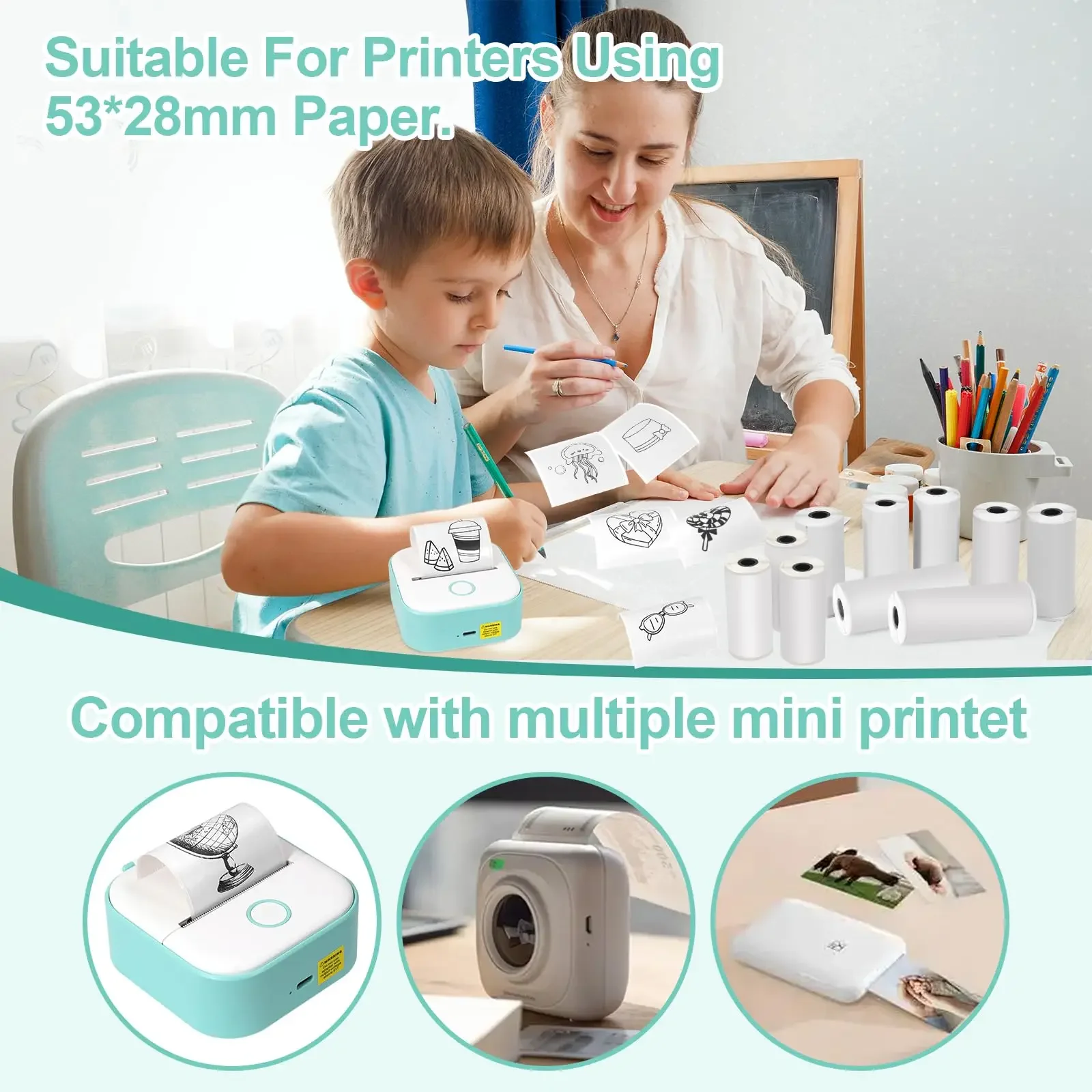 53mm White Thermal Paper Self-Adhesive Sticker Mini Thermal Pocket Printers 3-Rolls Note Text Journal Photo DIY Creation self adhesive stickers thermal paper printer sticker paper printing paper thermal paper roll thermal printer paper