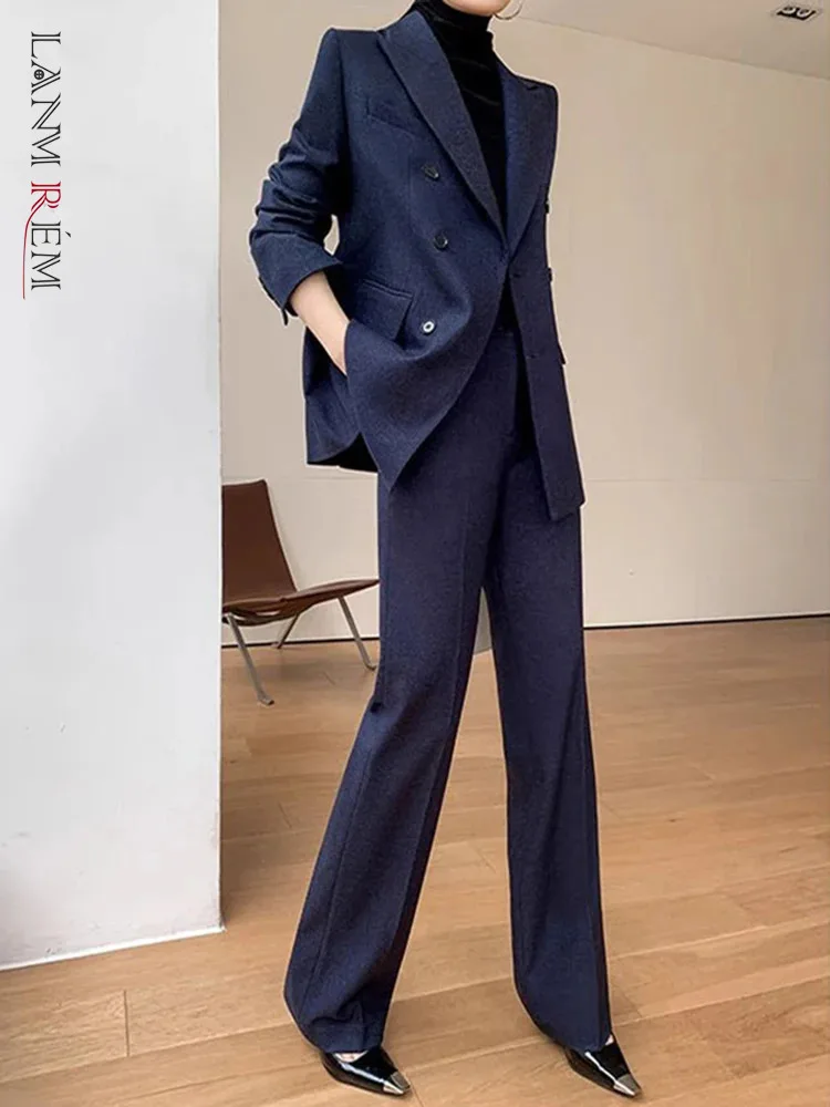 

[LANMREM] Office Lady Suits Set Women Double Breasted Fit Blazers High Waist Straight Loose Pants 2024 Spring New 26D9044