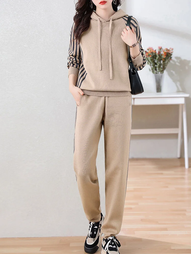 Casual Striped Hooded Sweatshirt Two Piece Set Fall Fashion Drawstring Tops Tracksuit Baggy Running Wear Jogger Pants Conjuntos