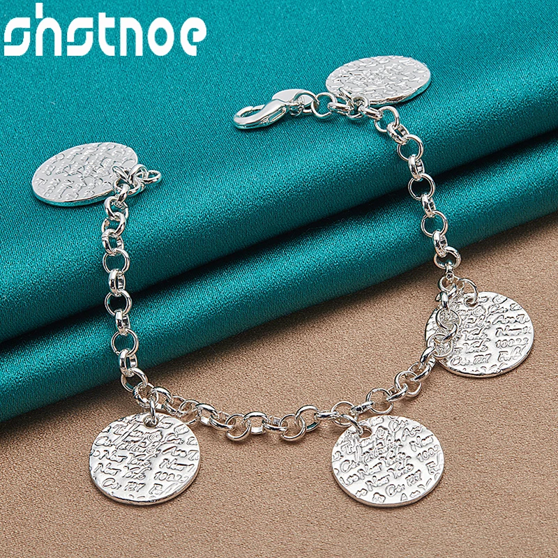 

SHSTONE 925 Sterling Silver Five Disk Chain Engraved Letter Charm Bracelet For Women Wedding Birthday Gifts Lady Fashion Jewelry