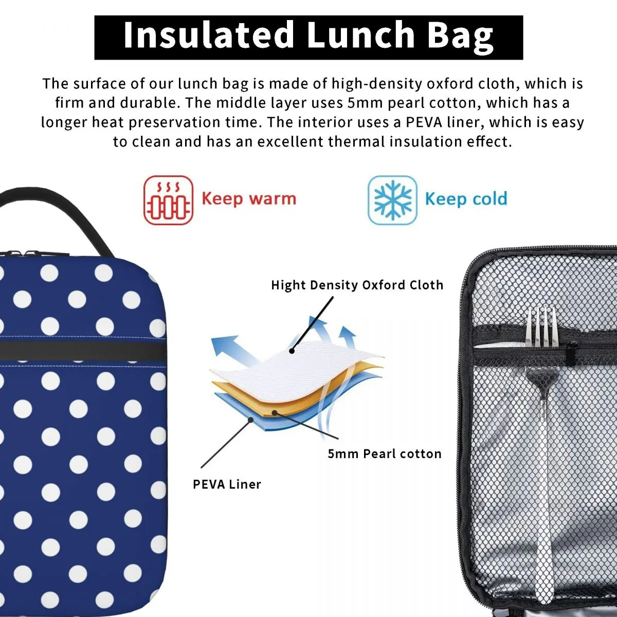 White Polka Dots Navy Blue Seamless Pattern Insulated Lunch Bag Waterproof Cooler Thermal Lunch Tote Beach Camping Travel