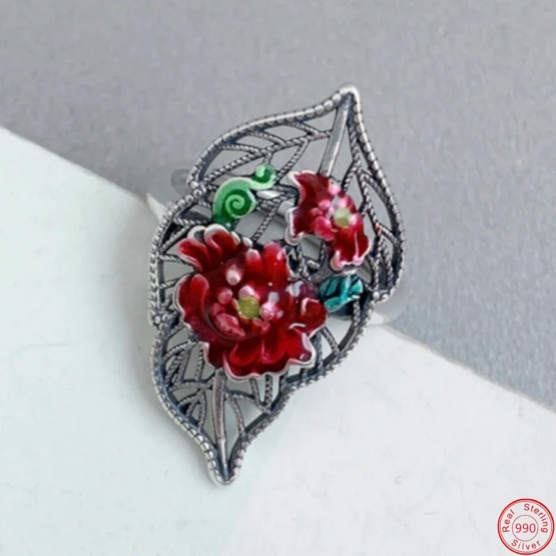 

Женское кольцо из серебра S990 пробы с эмалью и листьями Феникса