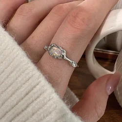 Elegant Sterling Silver Oval Opal Adjustable Ring for Women - Classic Minimalist Jewelry Accessory (RT847S51)