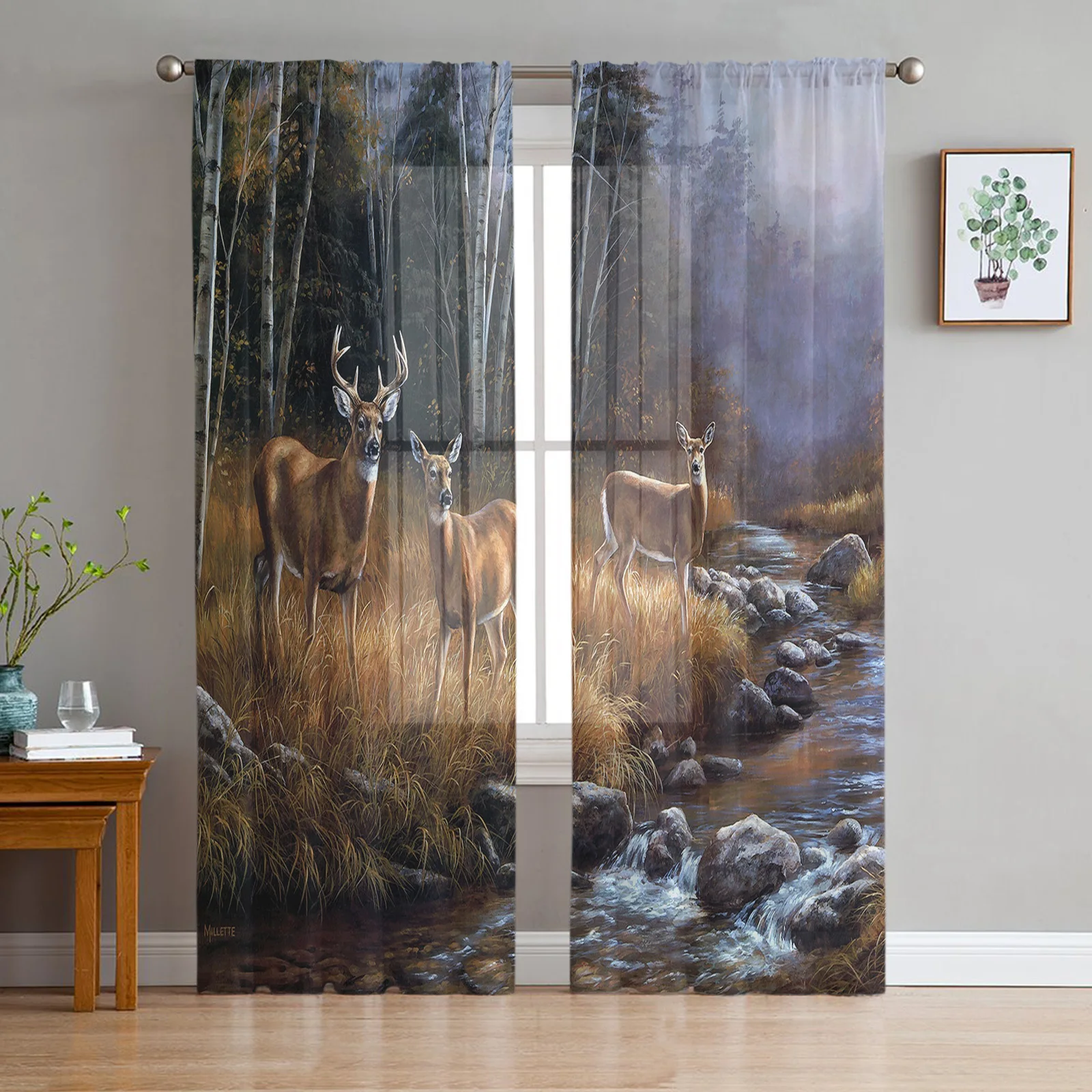 Autumn Forest River Animal Deer Window Curtain for Bedroom Sheer