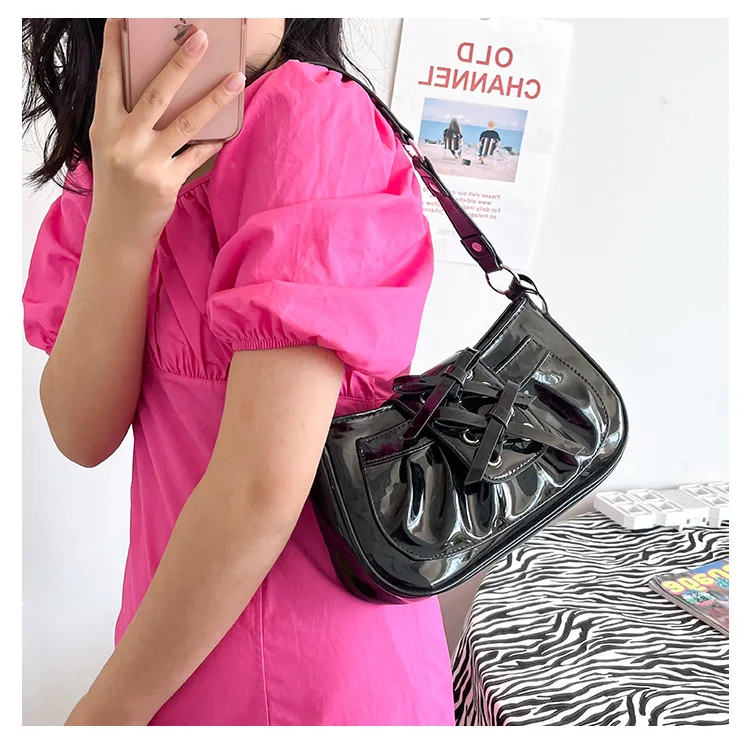 JIAERDI Sweet Cool Black Handbag Women Hot Girls Bow Mirror Chic Half Moon Shoulder Bag Female Harajuku Aesthetic Y2k Handbag