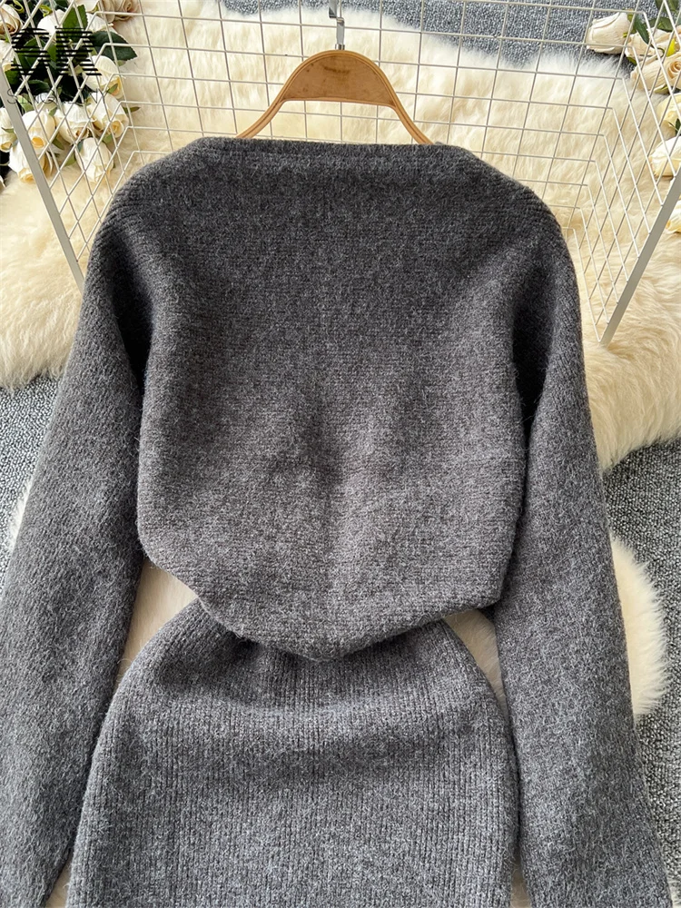 SINGREINY Winter Gentle Thick Dress Sets Women Long Sleeve Elastic Cardigan+Solid V Neck Dress Women Sexy Knitting Suits