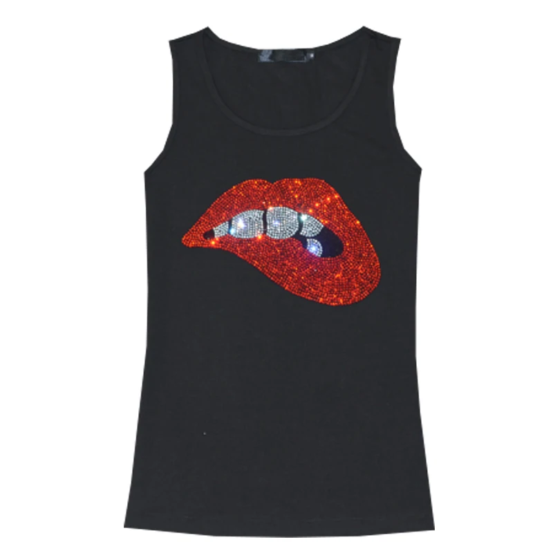 Sexy Women Tank Tops Fashion Summer Vest Top Sleeveless Rhinestones Lip
