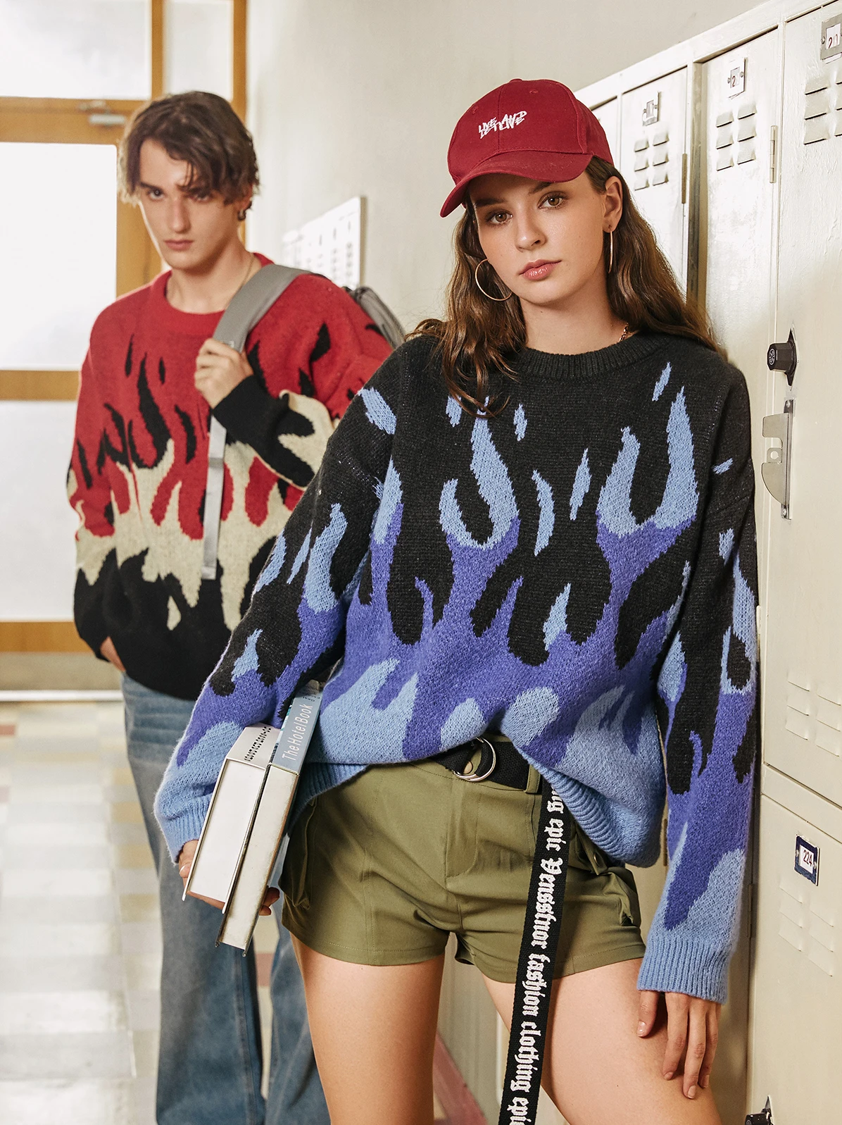 

ZAFUL Fire Flame Graphic Y2K Aesthetic Sweater Unisex Round Neck Loose Jumper Women Oversized Knitted Pullover Fashion Tops