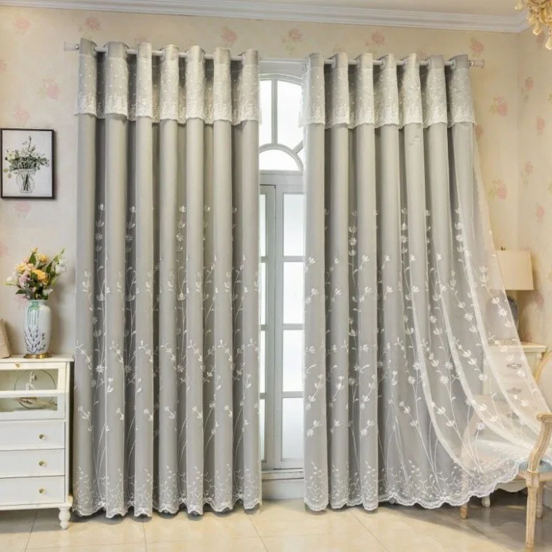 

Curtain blackout finished product bedroom double layer embroidery integrated living room luxury sun protection sunshade cloth