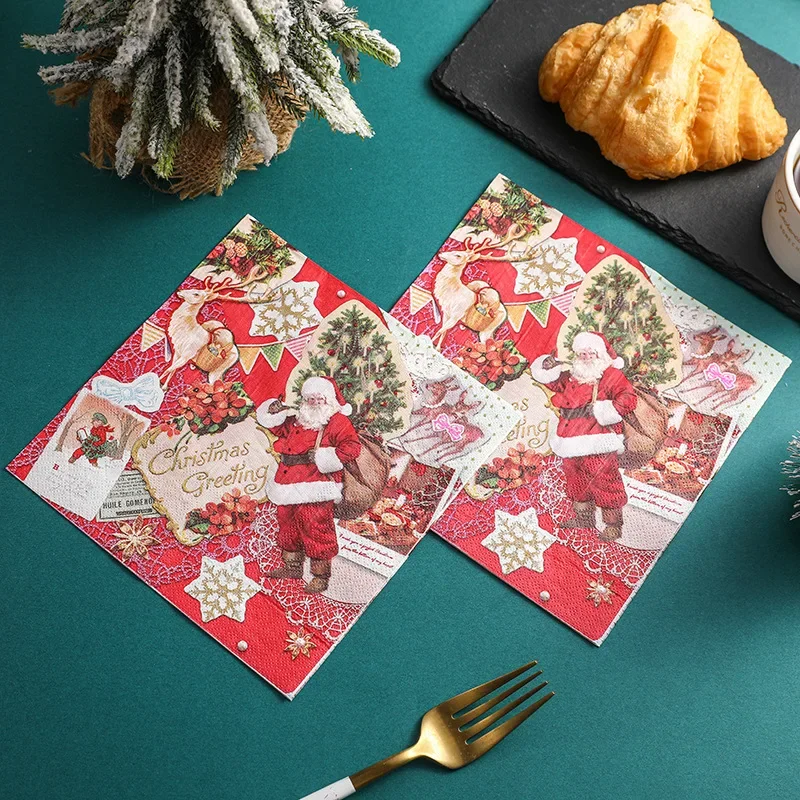 10/20pcs 33*33cm Christmas Party Decoration Paper Christmas Elements Printed Napkin Red Wine Glass Flower Dinner Plate Paper