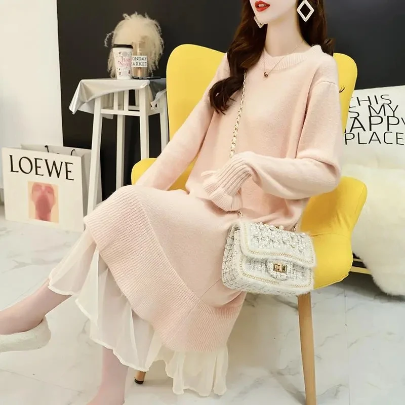 

2023 New Elegant Long Knitted Dress Women's Clothing Autumn Winter Round neck Sweater Lazy Knit Dress Jersey Dresses BC308
