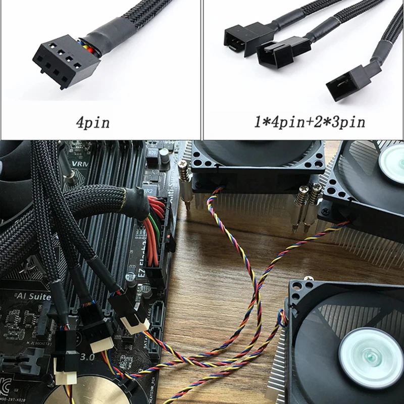 Description Picture 4 of item1PCS 4Pin Pwm Fan Cable 1 To 2/3/4 Ways Splitter Black Sleeved 27cm Extension Cable Connector PWM Extension Cables