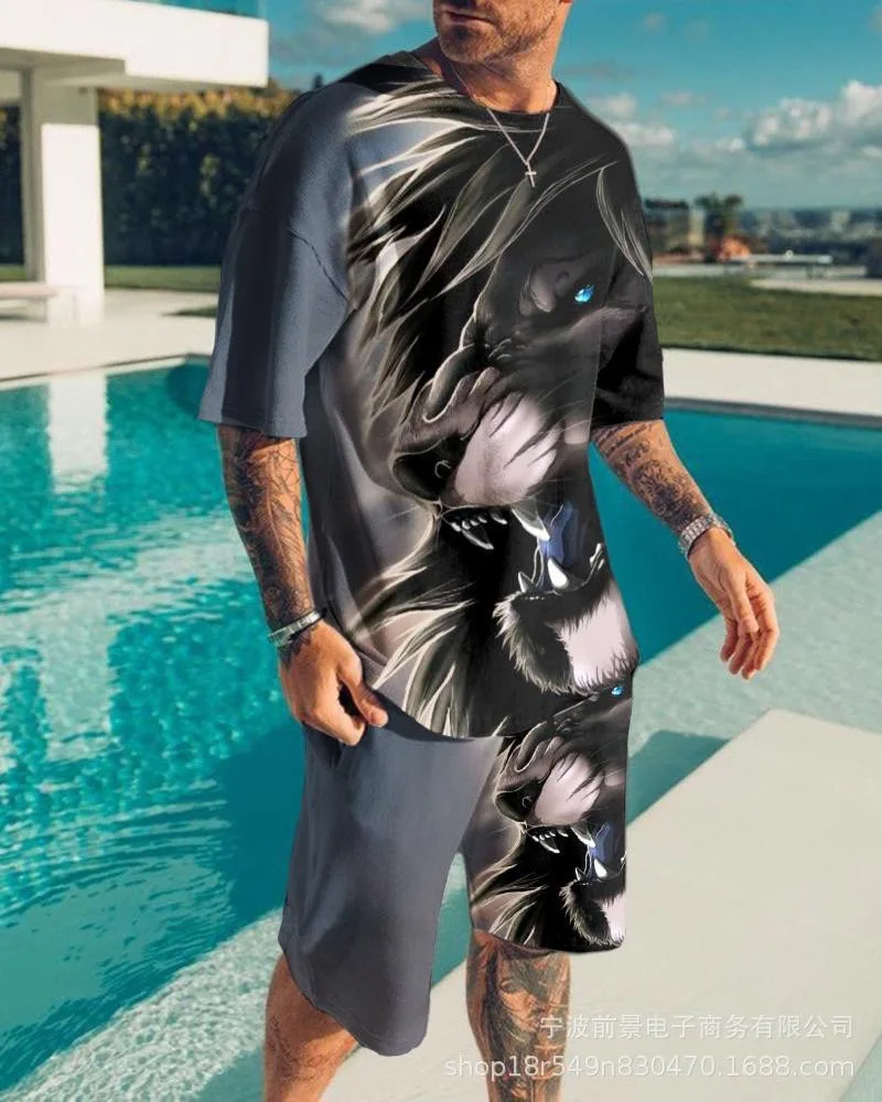 thumbnail image 1 of Conjunto de camiseta y pantalones cortos de playa informales con estampado digital 3D de animales para hombre, 1 of 5