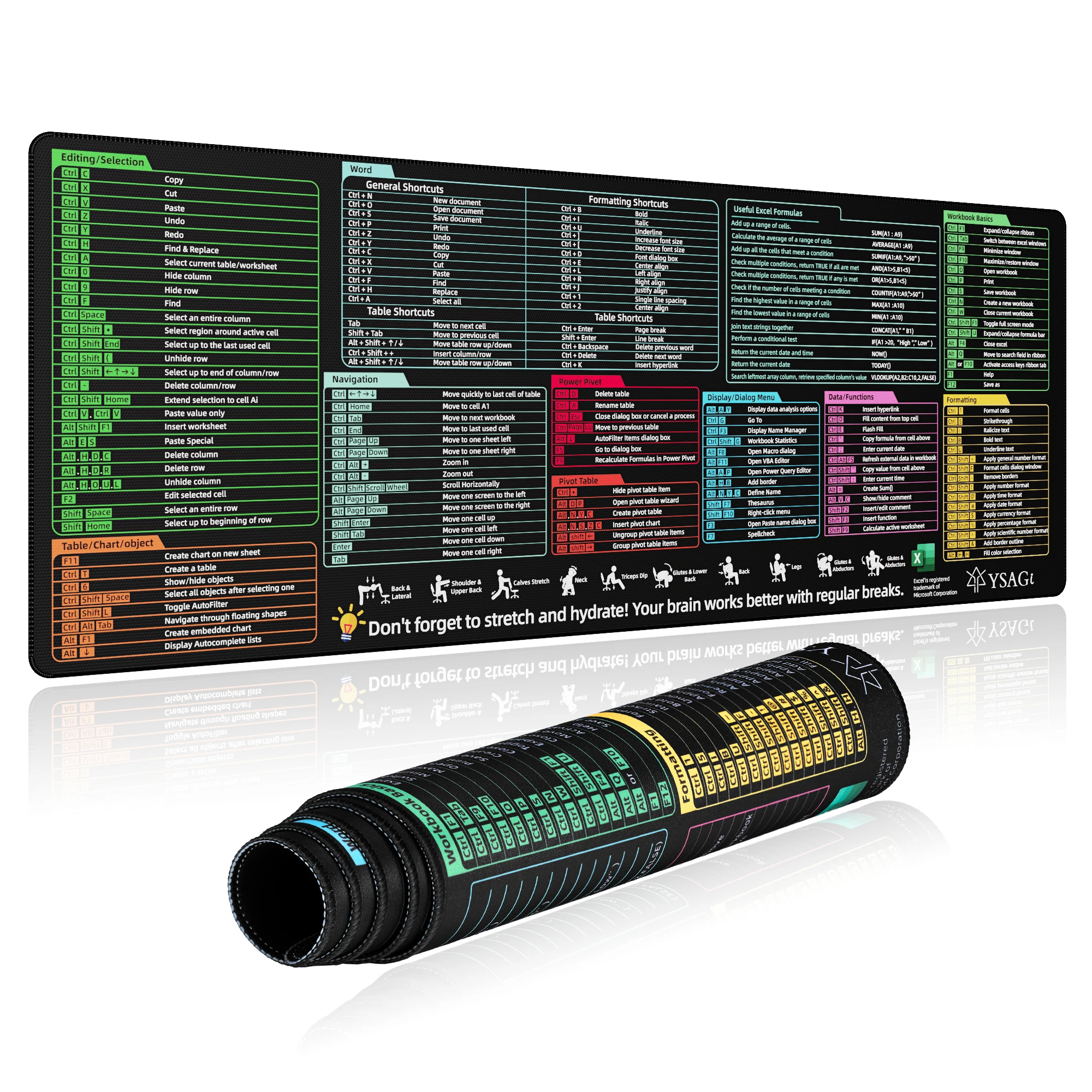 משטח שולחן Excel Cheat Sheet - משטח עכבר גיימינג במידה גדולה | מזרנית לשולחן עבור מקלדת ועכבר | מזרנית למחשב עם חיתוכי Excel