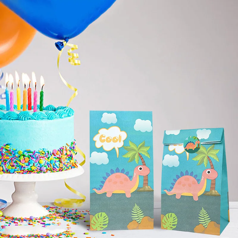 OEMG 30 Pcs Sac Cadeau Anniversaire Enfant, Bonbon Sachet Anniversaire Dinosaure Avec Autocollants Mignons, Petit Pochettes Cadeaux En Papier