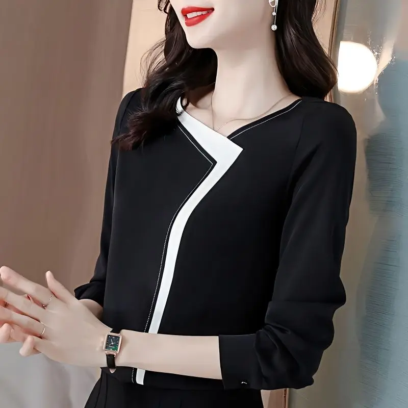 

Spring Autumn Women's Pullover V-Neck Patchwork Solid Button Chiffon Long Sleeve T-shirt Office Lady Loose Fashion Casual Tops