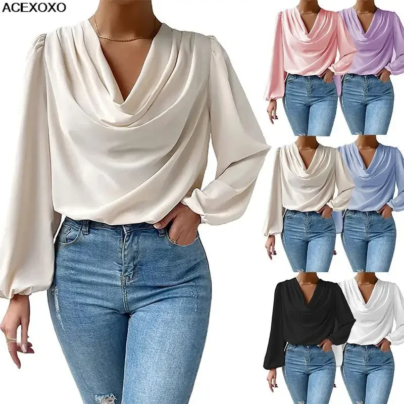 

2023 new Occident chiffon long sleeve shirt loose vertical pleat v-neck shirt T-shirt dress