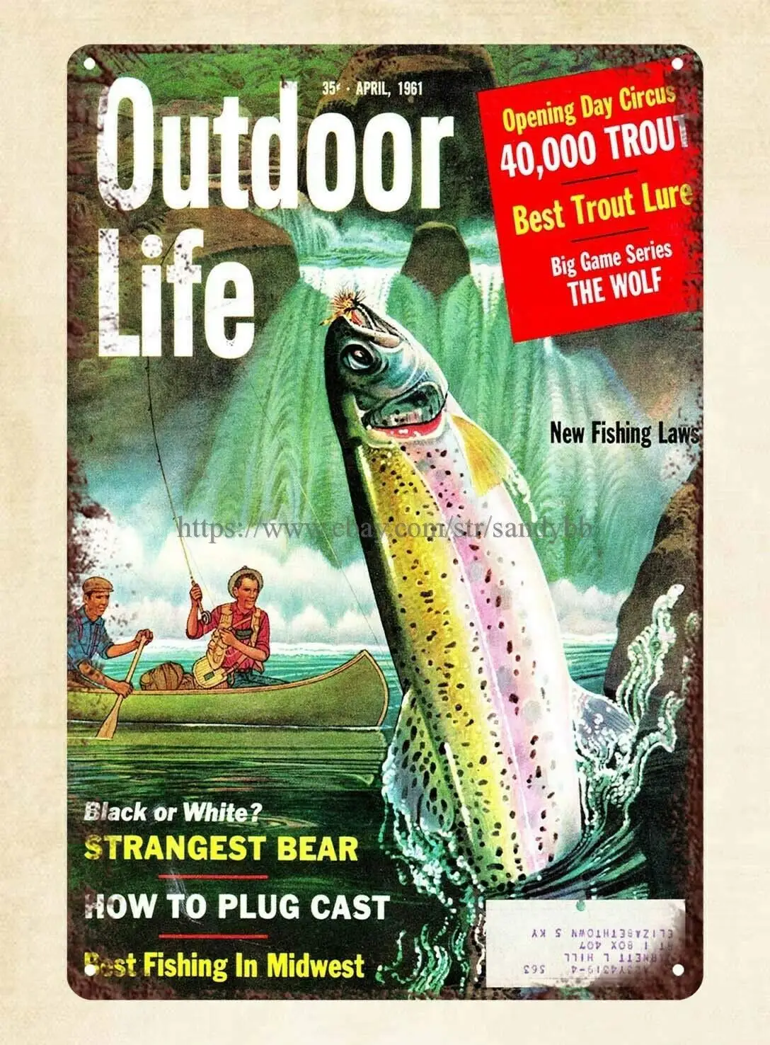 

Outdoor Life 1961 Trout Fishing Metal tin Sign Unique Home Decor Cheap Retro Wall Home Bar Pub Vintage Cafe Decor, 8x12 Inch