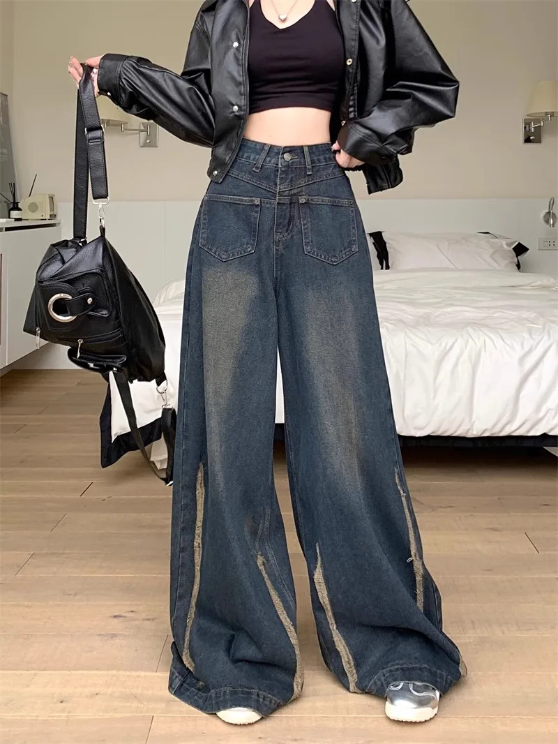 

American Retro High Waist Mopping Jeans For Women Casual Baggy Pocket Y2K Pants Wide Grunge Denim Trouser New