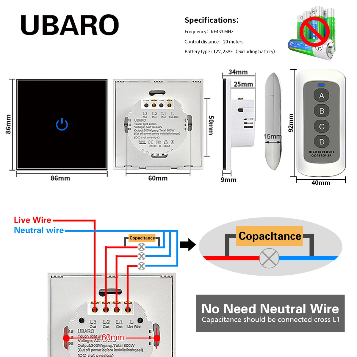 UBARO EU Wireless Remote Control Switch Black Luxury Crystal Glass Panel Smart Home Wall Light Led Indicator Sensor 1/2/3 Gang