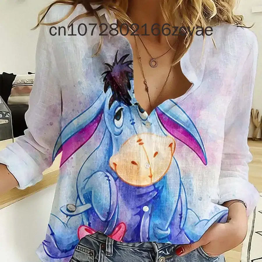 

Disney Eeyore Women's Long sleeved Shirt Fashionable and Elegant Button Shirt Disney Hawaii Y2K Casual Women's Shirt