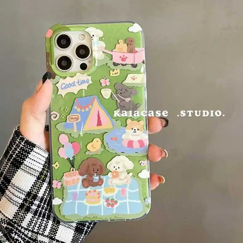 Cute Green Lawn Puppy Puppy Custodie Per Telefono Per Iphone 11 12 13 14 Pro Max Per Iphone Custodia Per Telefono Vintage Coreana Blue Tent Fashion