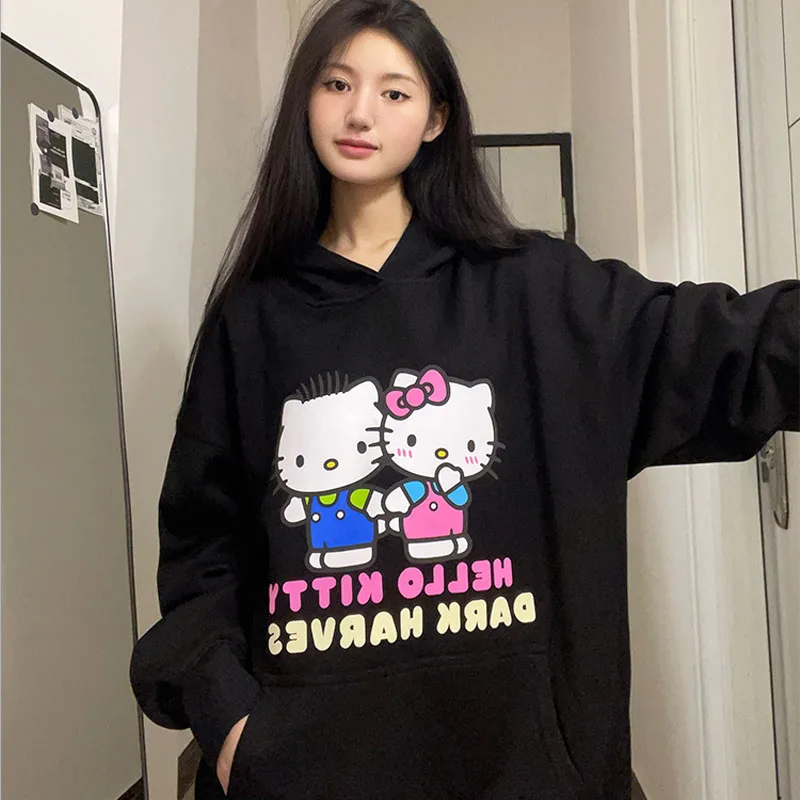 

Женский свитер с капюшоном Sanrio, свободная толстовка с кошачьими ушками и бантом, в стиле интернет-знаменитостей, 2023
