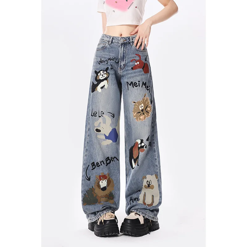 Graffiti Dog Printed Jeans For Women's Spring And Autumn Design Sense Niche High Waisted Loose Fitting Straight Tube Casual