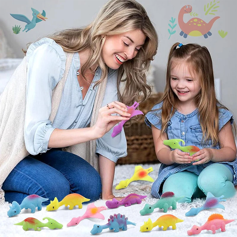 20PCS Slingshot Dinosaur Finger Toys Mini Rubber Dino Finger Flying Launch Stretchy Toy Kids Party Birthday Favors Gifts
