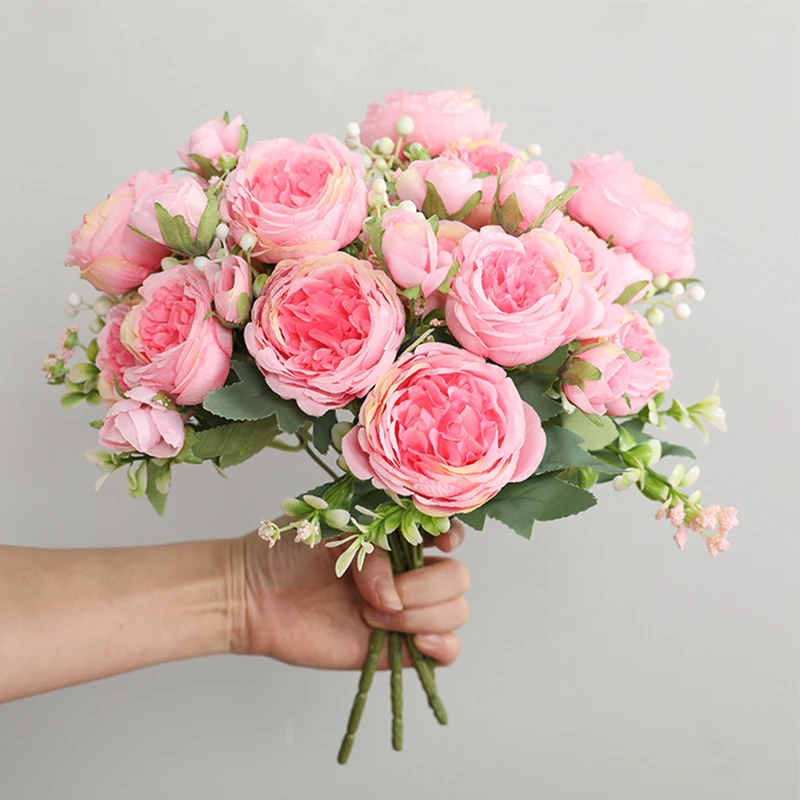 Hot Selling 1pcs/30cm Rose Pink Silk Bouquet Peony Artificial Flower 5 Big Head 4 Small Bud Bride Wedding Home Decoration