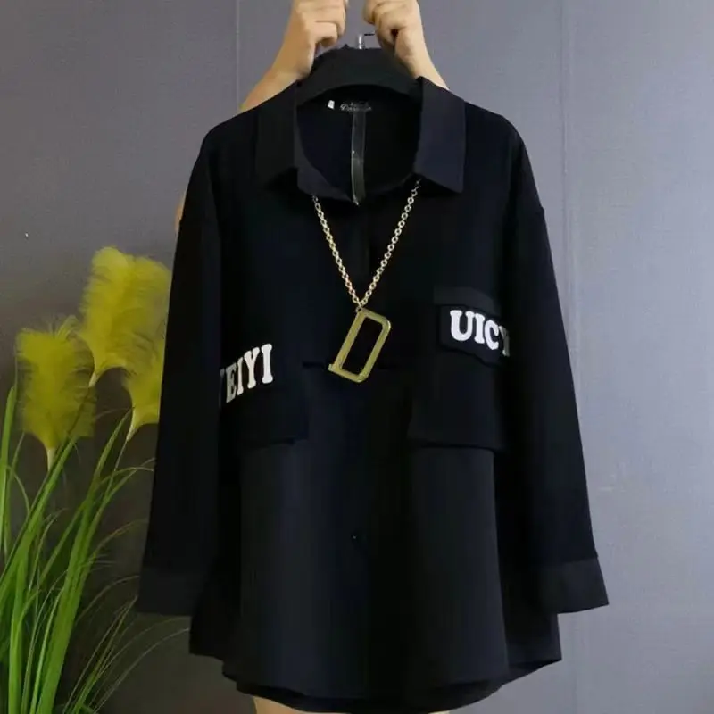 Autumn and Winter Women's Shirt Collar 2023 New Patchwork Button Pockets Mid Length Fashion Loose Versatile Top Cardigan Coat women s elastic waist drawstring pockets wide leg autumn winter solid color high waist straight loose casual floor length pants